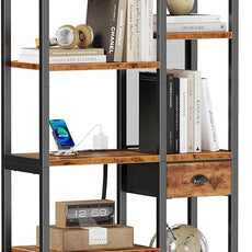 Furologee 6 Tier Bookshelf with USB Ports and Power Outlet, Book Shelf with Charging Station, Bookcase with Drawer, Storage Shelves for Bedroom, Home Office, Living Room, Bathroom, Rustic Brown