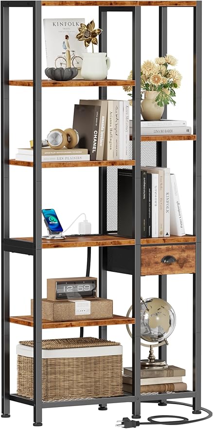 Furologee 6 Tier Bookshelf with USB Ports and Power Outlet, Book Shelf with Charging Station, Bookcase with Drawer, Storage Shelves for Bedroom, Home Office, Living Room, Bathroom, Rustic Brown