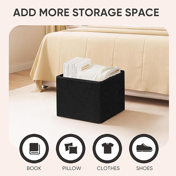 PINPLUS Storage Ottoman Cube Ottoman Foot Rest,Small Foldable Portable Boucle Upholstered Sherpa Ottomans, Faux Teddy Fur, Black 16.5"x12.6"x12.6"