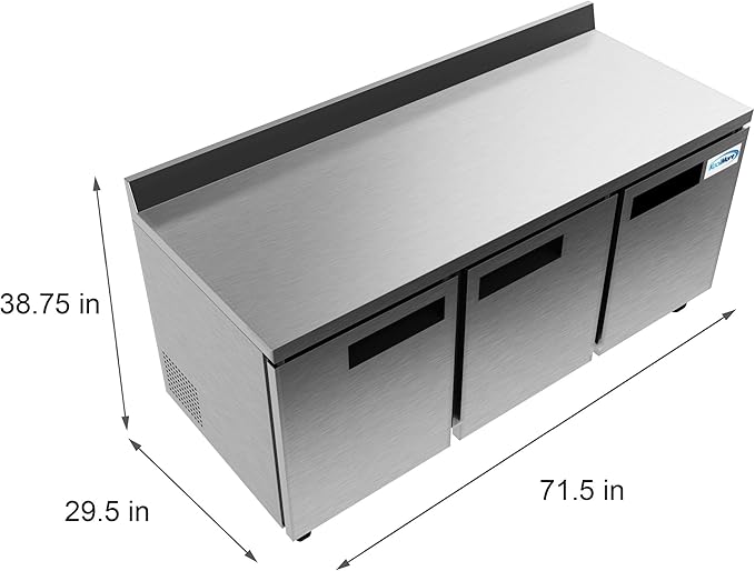 KoolMore 72" Stainless Steel 3 Door Worktop Commercial Refrigerator with 3 1/2 Backsplash - 16.9 cu.ft, Model: RWT-3D-16C