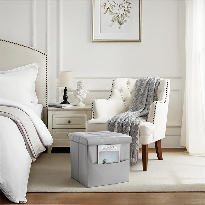 Storage Ottoman Foot Rest Stool, Small Leather Storage Ottomans Bench, Folding Footstool with Side Pockets, Foot Rest Under Desk for Living Room Bedroom, 15x15x15 in, Grey