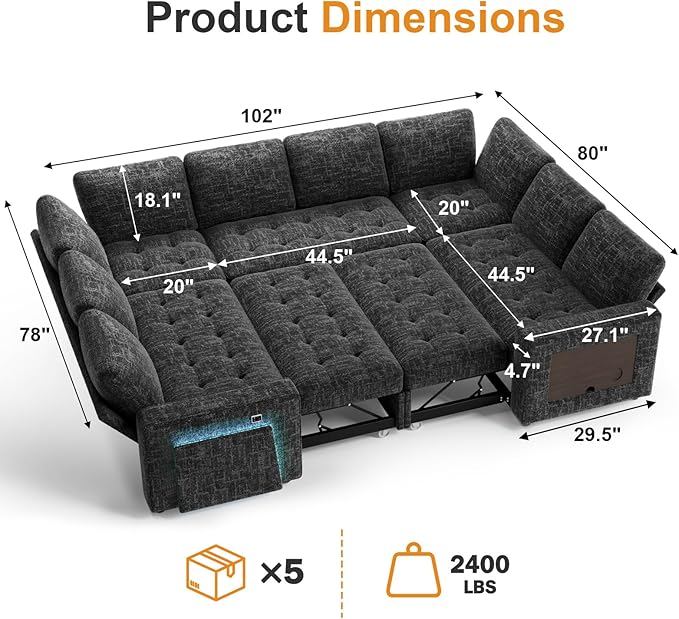 WEUP 8 Seat U Shaped Sectional Sleeper Sofa Bed with Pull Out Bed, Chenille Sectional Sleeper Couch with Adjustable Backrest, USB Ports, LED, Side Table, Tool-Free Assembly, Chenille Black