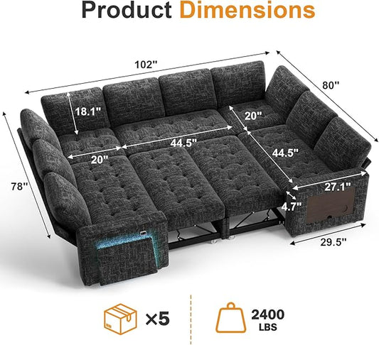WEUP 8 Seat U Shaped Sectional Sleeper Sofa Bed with Pull Out Bed, Chenille Sectional Sleeper Couch with Adjustable Backrest, USB Ports, LED, Side Table, Tool-Free Assembly, Chenille Black
