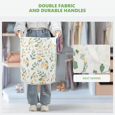Large Foldable Laundry Basket Organizer Holder portable tall collapsible laundry hamper nusery Storage Basket Bin with Handles Closure (Waterproof Lining, Floral Green Orange)