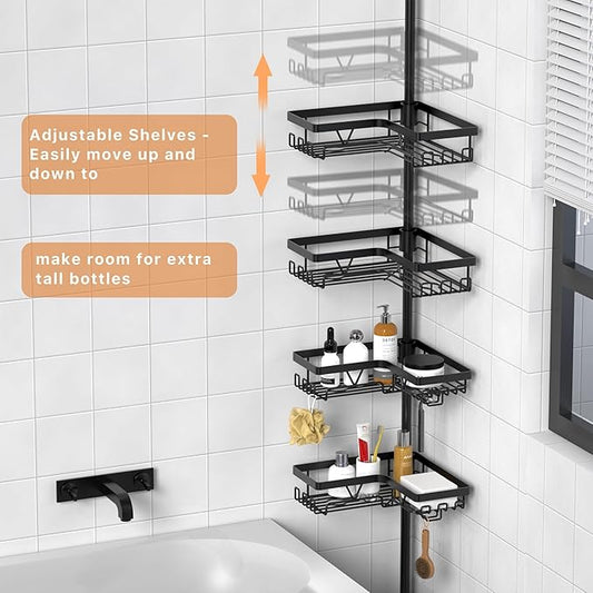 KEGII Corner Shower Caddy Tension Pole, Bathroom Shower Organizer with Toothbrush Holder, No Drilling Bathtub Shelf for Inside Shower, Rustproof Bathroom Tub Organizer, Adjustable 25-114.2 Inch