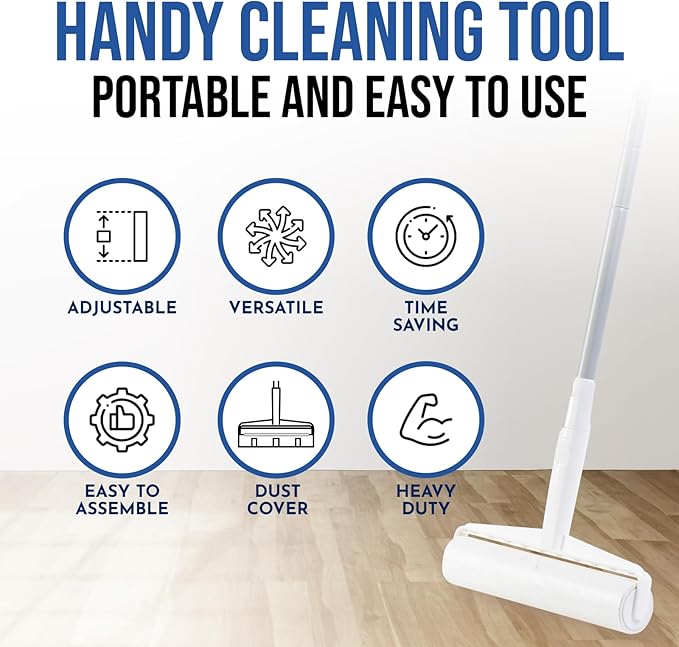 Large Lint Roller with Long Handle – 9.45" Heavy Duty Giant Lint Rollers for Pet Hair – Sticky Roller with Extendable Handle and Refills for Floor, Furniture, Couch, Carpet