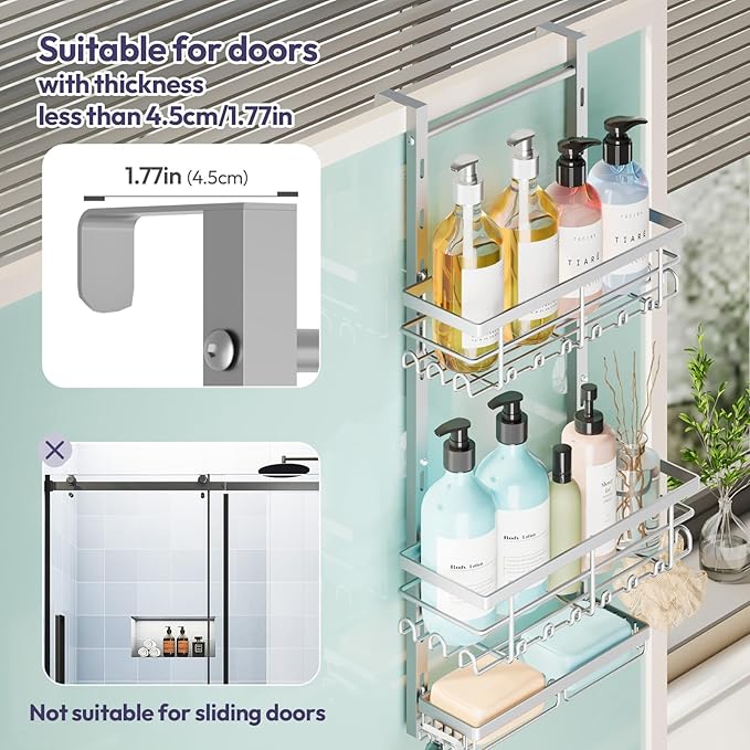 SWTYMIKI Over The Door Shower Caddy - 3 Tier Rustproof Hanging Shower Organizer with Adjustable Shelves, 28 Hooks & Soap Holder, Hanging Shower Rack Storage for Bathroom Accessories, Silver