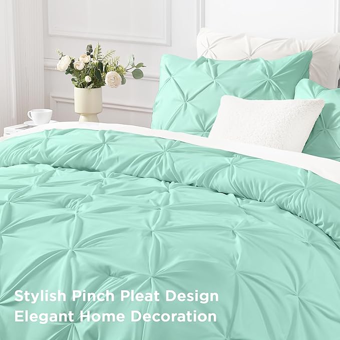 Andency Mint Green Pinch Pleat Comforter Full(79x90Inch), 3 Pieces(1 Down Alternative Comforter and 2 Pillowcases) Mint Green Bed Set Microfiber Pintuck Bedding Set