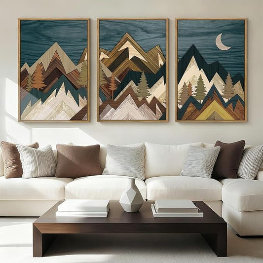 BINCUE Extra Large Mountain Wall Art Set of 3 Moon Froest Wall Decor Nature Landscape Art Print for Living Room Bedroom Office 24x36 Inches