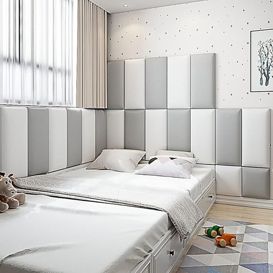 3D Anti-Collision Wall Padding, Peel & Stick Upholstered Panels, Queen Headboard, Playroom Decorative Protection, Pack of 2 Panels - 23.6' X 11.8' (Light Grey)