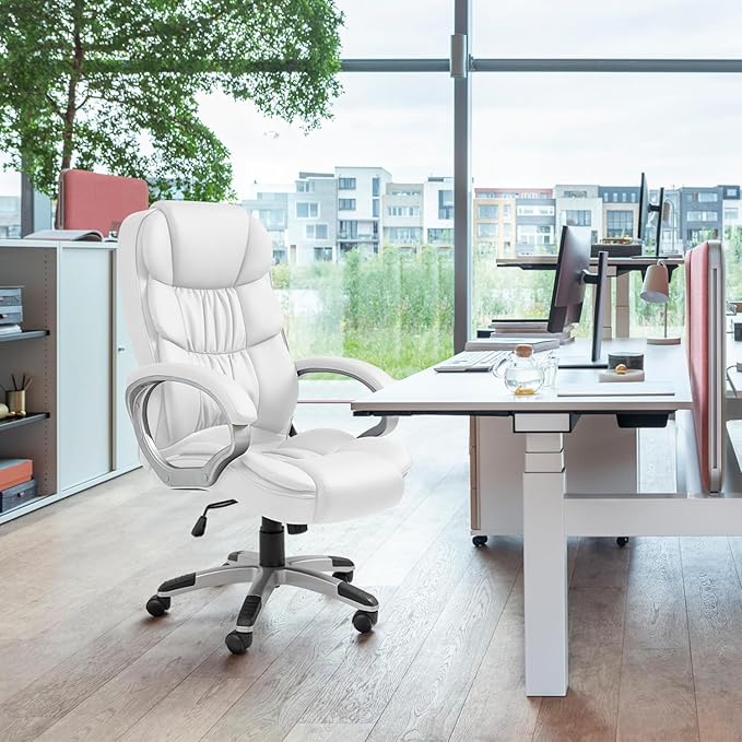 GUNJI Office Chair PU Leather High Back Executive Chair Ergonomic Computer Chair, Modern Adjustable Home Desk Chair Swivel Managerial Chair with Padded Armrests and Lumbar Support (White)