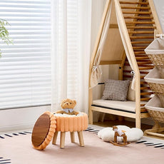 Wimarsbon Storage Ottoman,Soft Faux Fur Footstool with Padded Seat, Small Reading Vanity Chair, Footrest with Wood Tray for Couch, Mini Coffee Table or Display Stand (Orange, Round Storage)