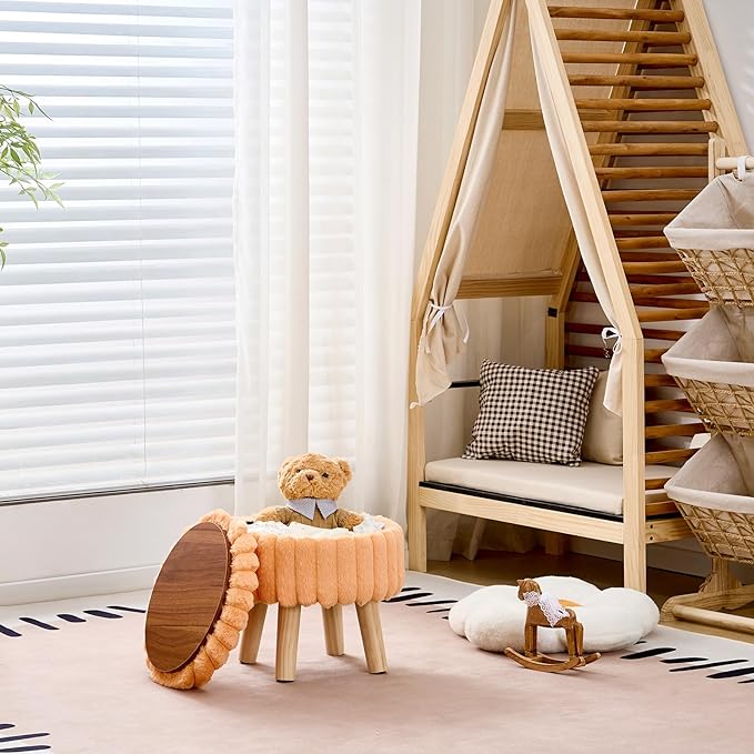 Wimarsbon Storage Ottoman,Soft Faux Fur Footstool with Padded Seat, Small Reading Vanity Chair, Footrest with Wood Tray for Couch, Mini Coffee Table or Display Stand (Orange, Round Storage)