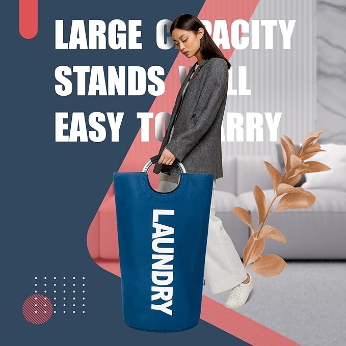 Caroeas 125L Laundry Basket,Large Laundry Hamper, Laundry Bag with Padded Handles, Clothes Hamper Stands Up Well, Collapsible Free Standing Easy Storage Washing Bin (Navy Blue,125L)