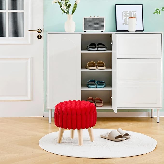 Wimarsbon Storage Ottoman,Soft Faux Fur Footstool with Padded Seat, Small Reading Vanity Chair, Footrest with Wood Tray for Couch, Mini Coffee Table or Display Stand (Red, Round Storage)