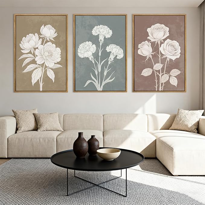 BINCUE Boho Floral Wall Painting Framed Botanical Wall Art Decor Flower Print for Living Room Bedroom Dining Room 16" Lx24 W Set of 3