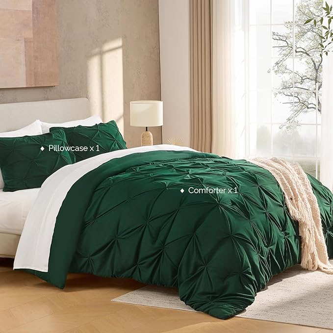 Andency Dark Green Pinch Pleat Comforter Twin(66x90Inch), 2 Pieces(1 Pintuck Comforter, 1 Pillowcase) Microfiber Pintuck Comforter Set Down Alternative Comforter Bedding Set