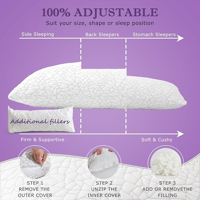 Shredded Memory Foam Full Body Pillow - Cooling Removable Bamboo Rayon Cover + Extra Gel Foam, Soft-Firm Adjustable for Adults, Oeko & CertiPUR-US Standard, 20x54 Inch, 1 Pack