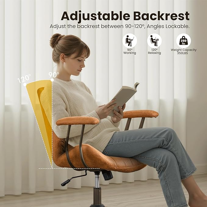 Home Office Desk Chair, Mid-Century Modern Office Chair with Adjustable Lumbar Support, Adjustable Height Executive Task Chair with 360 Rolling Swivel for Meeting Study Room(Mid Back, Brown)