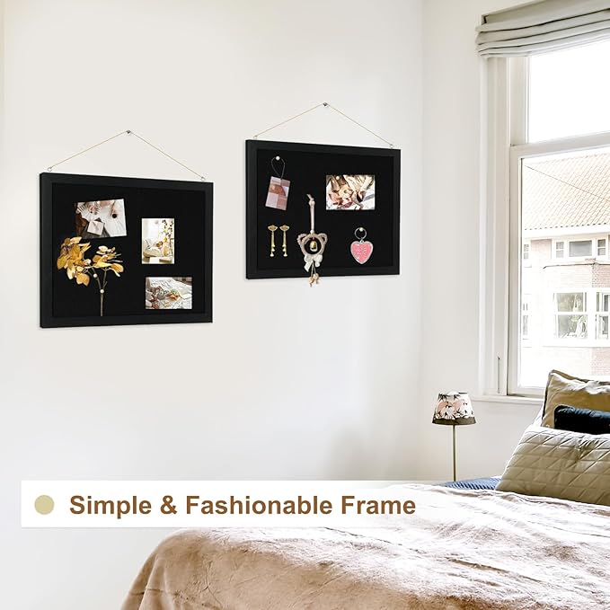 2-Pack Double-sided Black Cork Board with Linen, 16" x 12" Hanging Wood Framed Small Bulletin Board, Picture Display Vision Board Kit Corkboards for Wall Room School Office Decor, 20 Pushpins