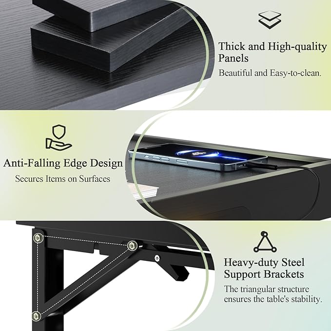 TEAMIX Floating Nightstand with Charging Station, Wall Mounted Folding Bedside Shelf Combo Nightstand with Led Light USB Type C Ports, Space Saving Bed Side Tray Storage for Bedroom, Living Room, Dorm