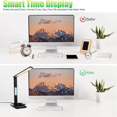 Desk Lamp, Desk Light with Wireless Charger, USB Charging Port, Dimmable Office Desk Lamp with Clock, Alarm, Date, Temperature, Foldable Table Lamp for Table Bedroom Bedside Office (Black PRO)