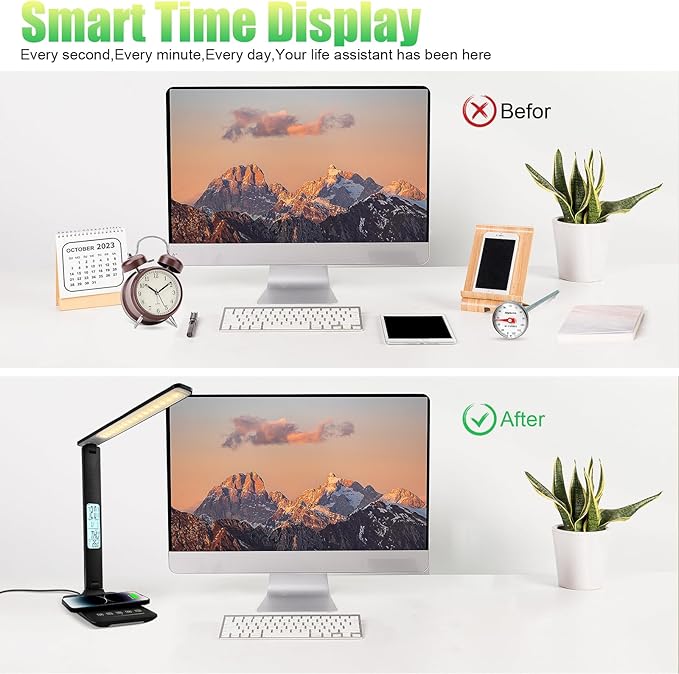 Desk Lamp, Desk Light with Wireless Charger, USB Charging Port, Dimmable Office Desk Lamp with Clock, Alarm, Date, Temperature, Foldable Table Lamp for Table Bedroom Bedside Office (Black PRO)