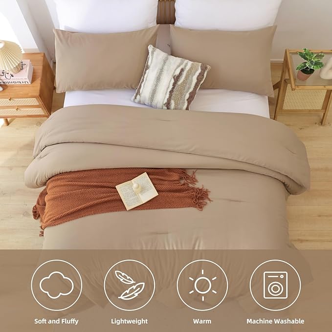 ROSGONIA Comforter Full Size for Girls Boys Teens Taupe Brown, 3pcs(1 Boho Tan Comforter & 2 Pillowcases), Lightweight Dorm Bedding All Season Bed Set