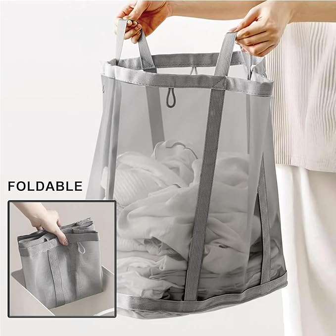 Mesh Bag with Handles, Collapsible Laundry Basket, Foldable Laundry Bag, Breathable Folding Beach Bag,Space-saving Travel Tote Bags (2, Blue&Pink)