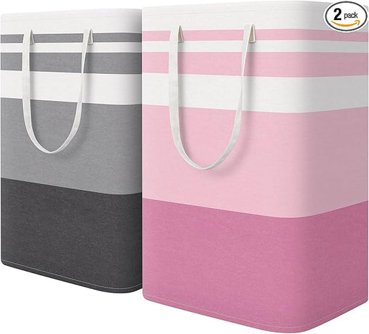 HomeHacks 2 Pack Large Laundry Baskets, Waterproof, Freestanding Laundry Hampers, Collapsible Clothes Hamper with Reinforced Handles in Laundry, College Dorm, Bathroom, Bedroom (Grey+Pink, 75Lx2)