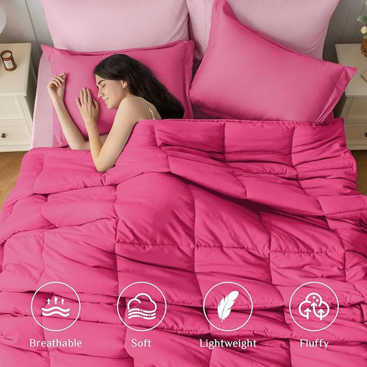 JOLLYVOGUE Twin XL Comforter Set, Ultra-Soft Bed in a Bag Twin XL Size 5 Pieces, Oeko-TEX Certified Bedding Set with Down Alternative Comforter, Sheets, Pillowcases & Shams, Hot Pink & Baby Pink