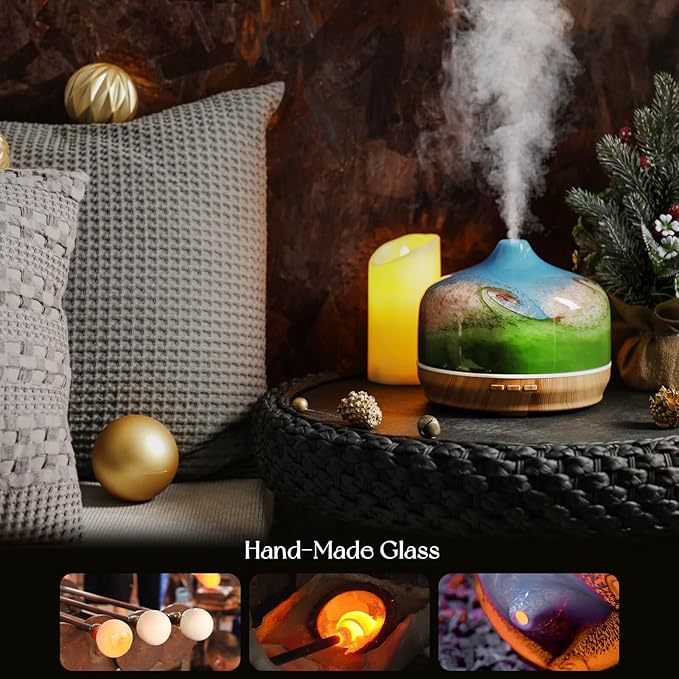 Porseme 500ml Glass Essential Oil Diffuser Aromatherapy Ultrasonic Cool Mist Humidifier 15-21 Running Hours Waterless Auto-Off Air Diffusers for Sleeping Yoga Office Working Spa and Rest (Blue Grass)