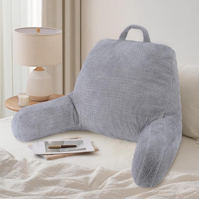 Blissful Diary Plush Velvet Reading Pillow for Kids/Teens/Adults, Back Rest Pillow for Sitting Up in Bed with Shredded Memory Foam, Includes Arms and Washable Cover, Light Gray