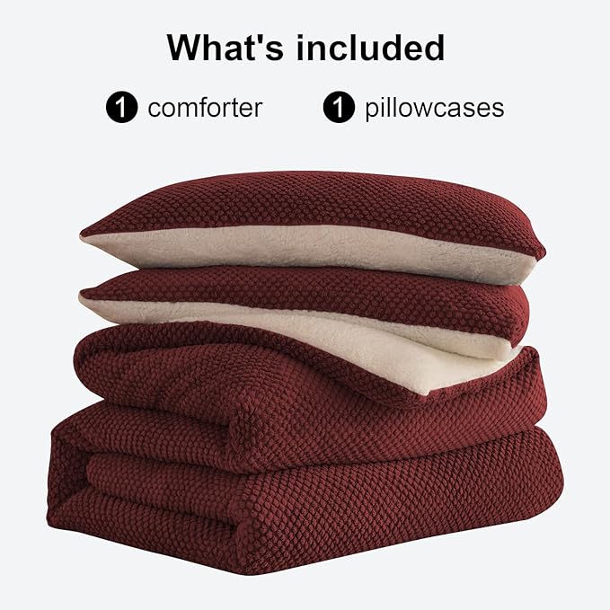 3D Jacquard Design Comforter Set, Ultra-Soft Warm Twin Size Sherpa Fur Plush 2-Pieces Sets Luxury Cozy Bedding with 1 Pillowcase (68"x90", Burgundy)