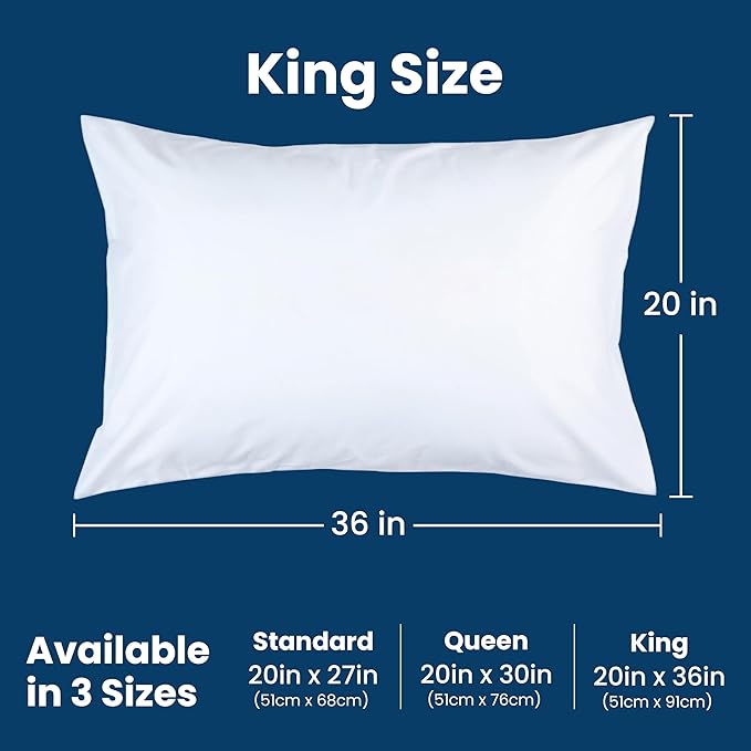 100% Stain Resistant & Waterproof King Size Pillow Protectors with Zipper Set of 2 - Bed Bug & Dust Mite Proof White Pillowcases - Breathable, Comfortable Pack of Covers for Pillows, 20 x 36 Inches