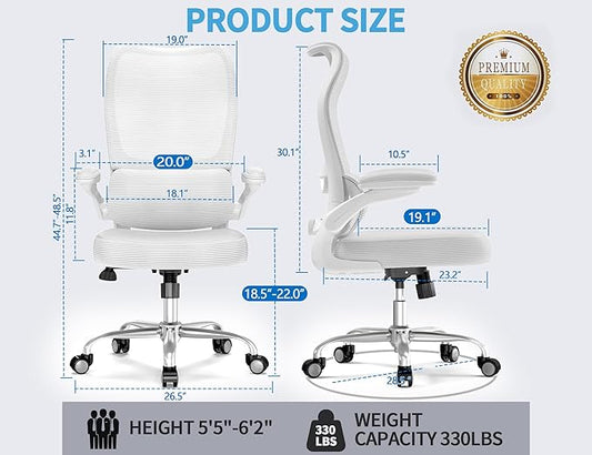 TRALT Ergonomic Office Chair - Desk Chair with Wave High Back Adjustable Lumbar Support Computer Chair - Gaming Chairs Mesh Backrest and PU Leather Seat for Home Reading Chairs to Adults(White)