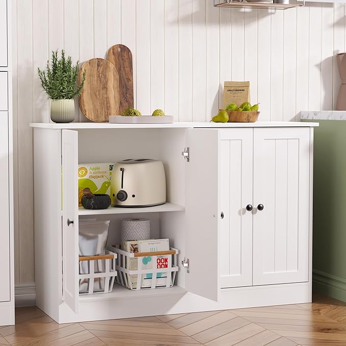 Sideboard Buffet Cabinet with 4 Doors, 47" W Kitchen Storage Cabinet with Storage, Modern Farmhouse Coffee Bar Station Wood Kitchen Table for Living Room Dining Room, White