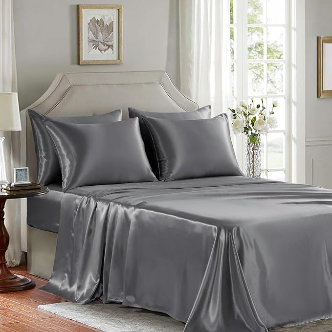 Satin Sheets Queen Size - 6 Pieces Luxury Silky Soft Bed Sheets, Wrinkle-Free Dark Grey Satin Silk Sheet Set with 1 Deep Pocket Fitted Sheet, 1 Flat Sheet, 4 Pillow Cases