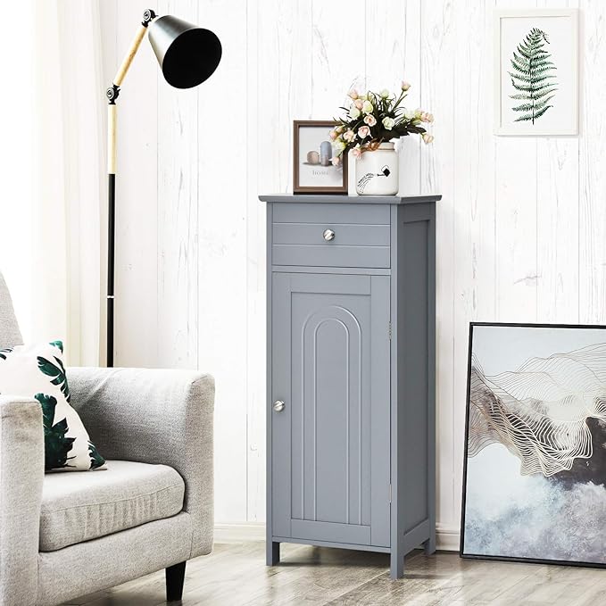 Tangkula Bathroom Floor Cabinet, Wooden Side Storage Cabinet, Freestanding Single Door Bathroom Cabinet with Large Drawer & 2 Adjustable Shelves for Living Room Kitchen (Grey)