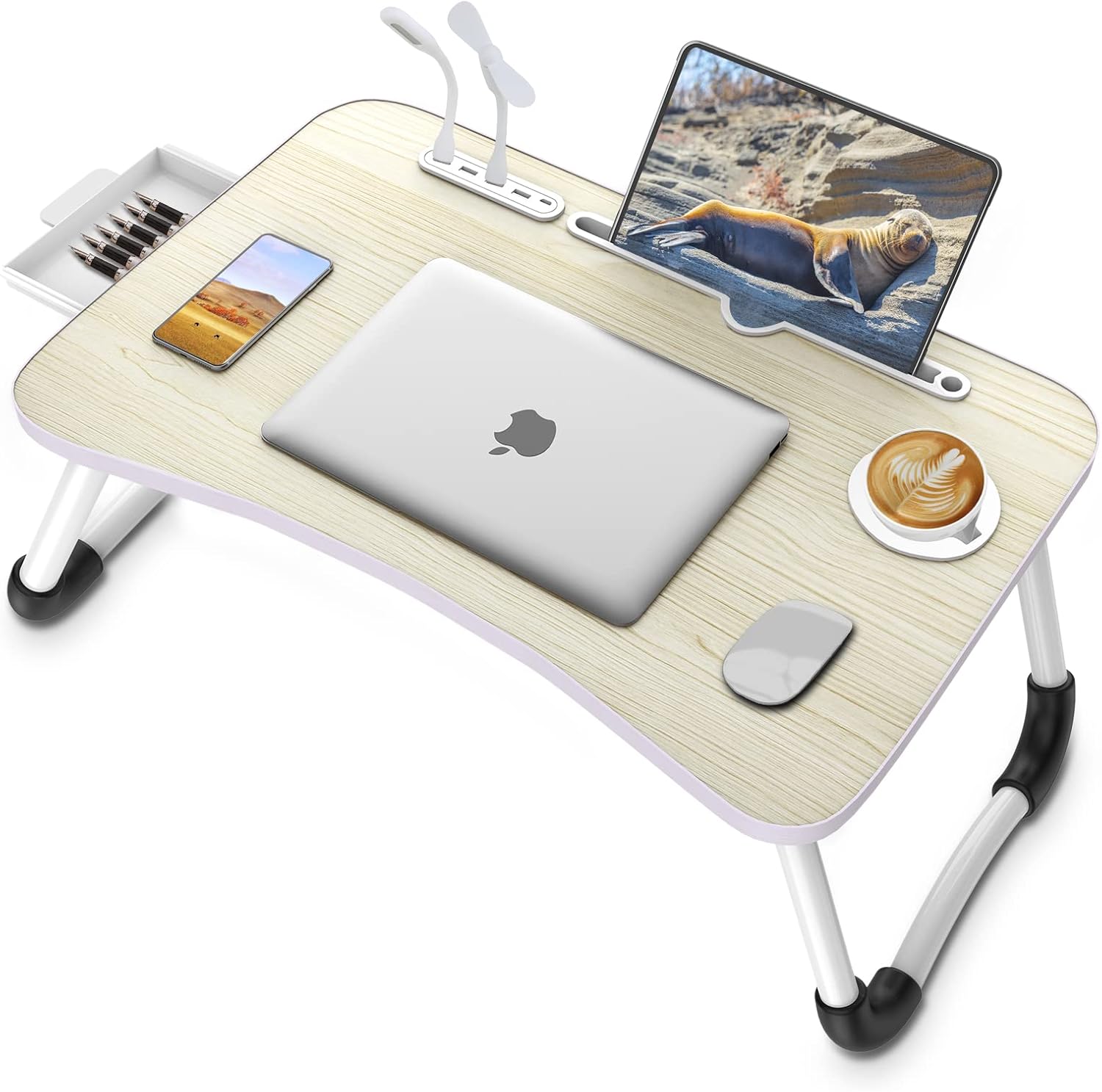 Zapuno Laptop Lap Desk, Foldable Laptop Table Tray with 4 USB Ports Storage Drawer and Cup Holder, Lap Bed Desk Notebook Stand Laptray Portable Standing Table for Bed Couch Floor