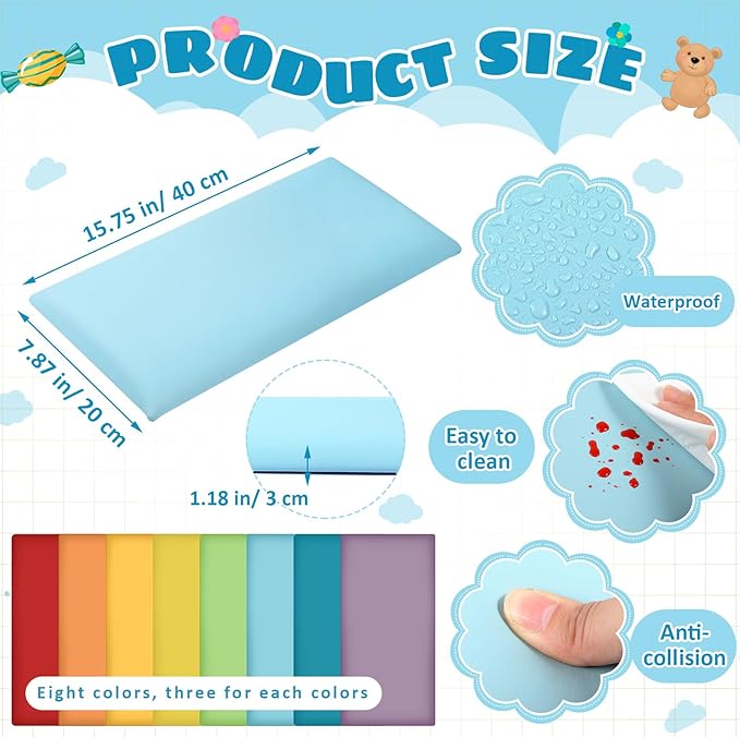 12 Pack Wall Padding for Playroom Peel and Stick Headboard 15.75" x 7.87" x 1.18" 3D Anti Collision Upholstered Wall Panels Self Adhesive Headboard Panel for Protection (Rainbow Colors)