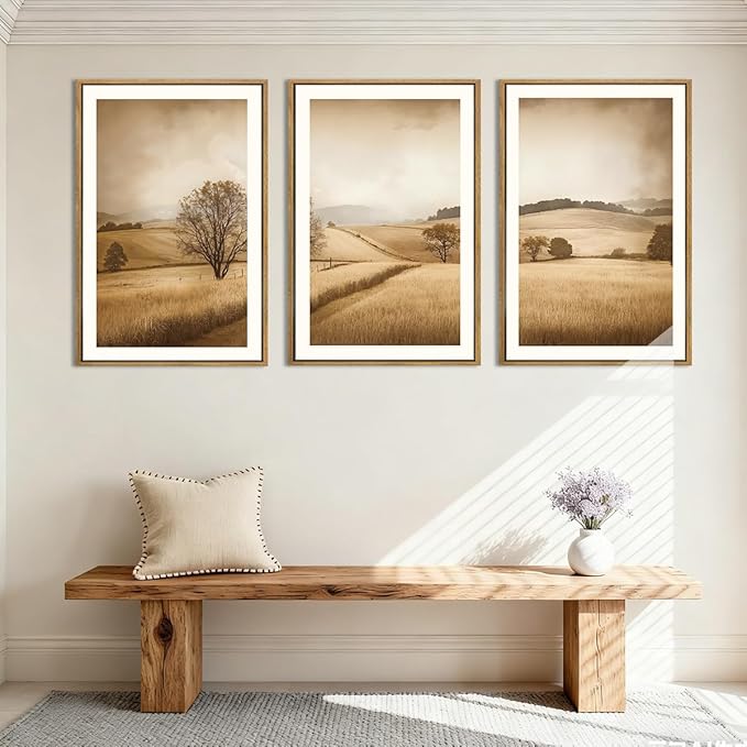 BINCUE Framed Countryside Wall Art Rustic Village Wall Decor Farmhouse Landscape Art Print for Living Room Bedroom Office 16x24 Inches Set of 3
