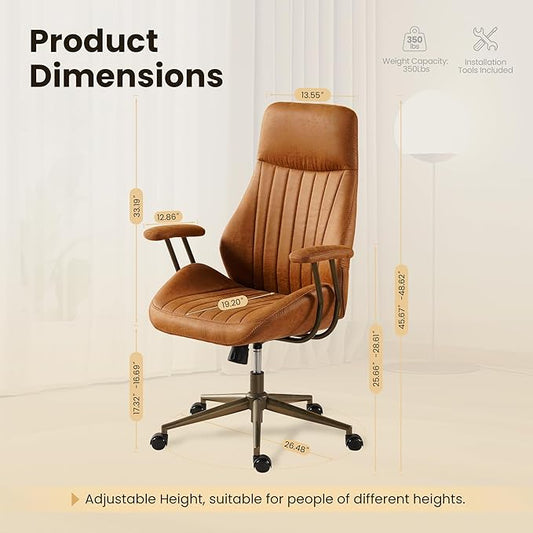 Home Office Desk Chair, Mid-Century Modern Office Chair with Adjustable Lumbar Support, Adjustable Height Executive Task Chair with 360 Rolling Swivel for Meeting Study Room(High Back, Brown)