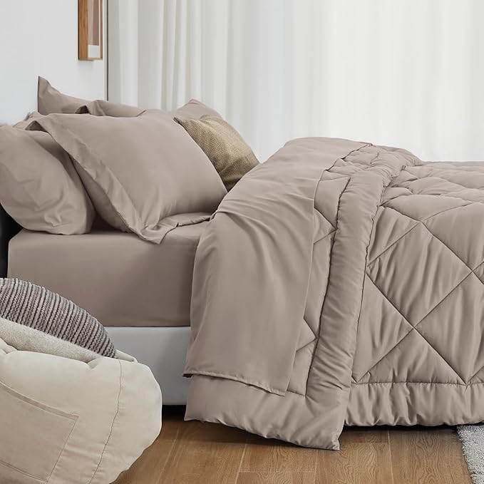 Love's cabin Queen Comforter Set Burlwood, 7 Pieces Queen Bed in a Bag, All Season Queen Bedding Sets with 1 Comforter, 1 Flat Sheet, 1 Fitted Sheet, 2 Pillowcase and 2 Pillow Sham