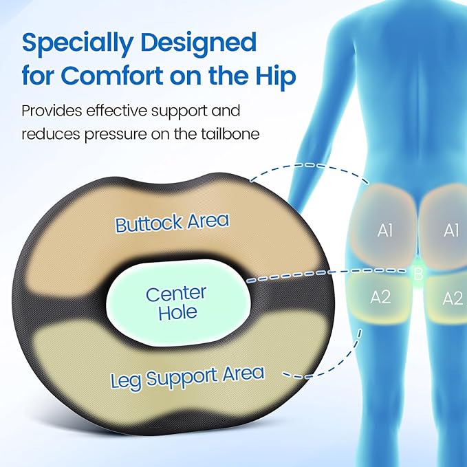 Donut Pillow Seat Cushion - Cooling Gel Floor Pillow, Memory Foam Floor Cushion for Office & Home, Car Seat, Hemorrhoids Pillow, Sciatica & Tailbone Pain Relief Chair Cushion, Grey