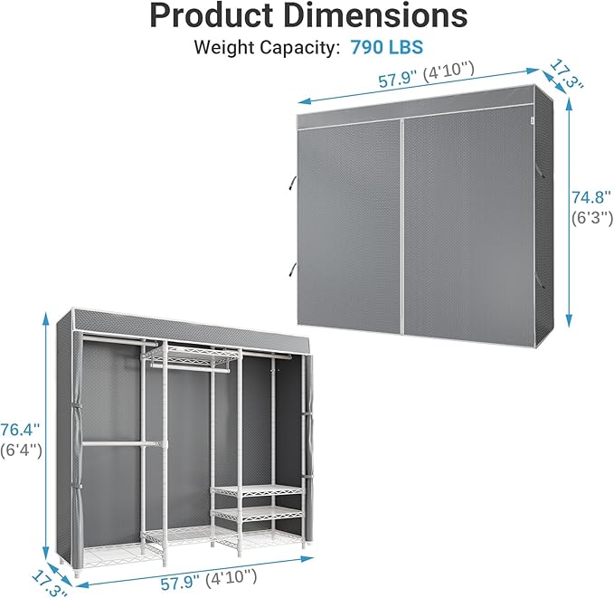 VIPEK V5C Medium Covered Clothes Rack Heavy Duty Portable Closet Wardrobe, Freestanding White Clothing Rack with Grey Upgarded Polyester Cover, Adjustable Custom Closet Rack, 57.9" Lx17.3 Wx76.4 H
