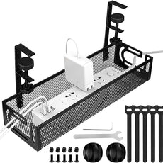 Under Desk Cable Management Tray, Cable Management Under Desk No Drill, Wire Management Tray with Clamp, Cord Organizer for Home Office, Black
