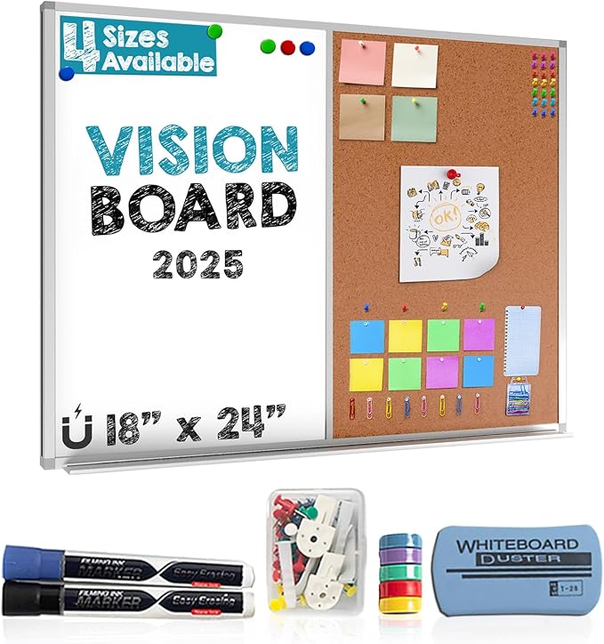 Cork and White Board Combo 18x24” – Magnetic Bulletin Board for Wall – Dry Erase & Corkboard for Home Office Vision Planning Message Display – Wall Mounted Organizer Board