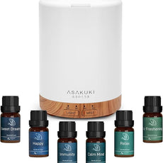 ASAKUKI Essential Oil Diffuser, Aromatherapy Cool Mist Home Humidifier with 7 LED Color Changing Light and Auto-Off Safety Switch, 6 Essential Oils Set, 300ml (Brown with Oils)