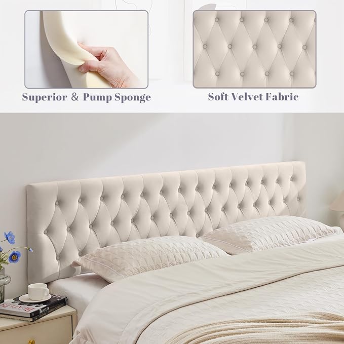 Kingfun Cal King Headboard only, Premium Velvet Upholstered Headboards in Modern Button Design, Tufted Bed Headboard, Adjustable Solid Wood Head Board (Beige)